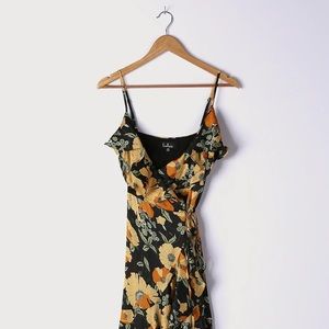 Lulu’s Perfectly Curated Black Floral Print Ruffled High-Low Wrap Dress - XL